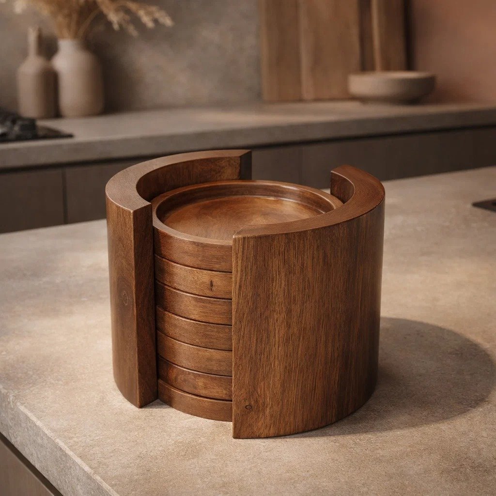 premium wooden coasters set of 6 with holder for home, coffee table & dining table | modern drink cup mats for kitchen décor & protection | made in india premium wooden coasters set of 6 with holder for home, coffee table & dining table | modern drink cup mats for kitchen décor & protection | made in india