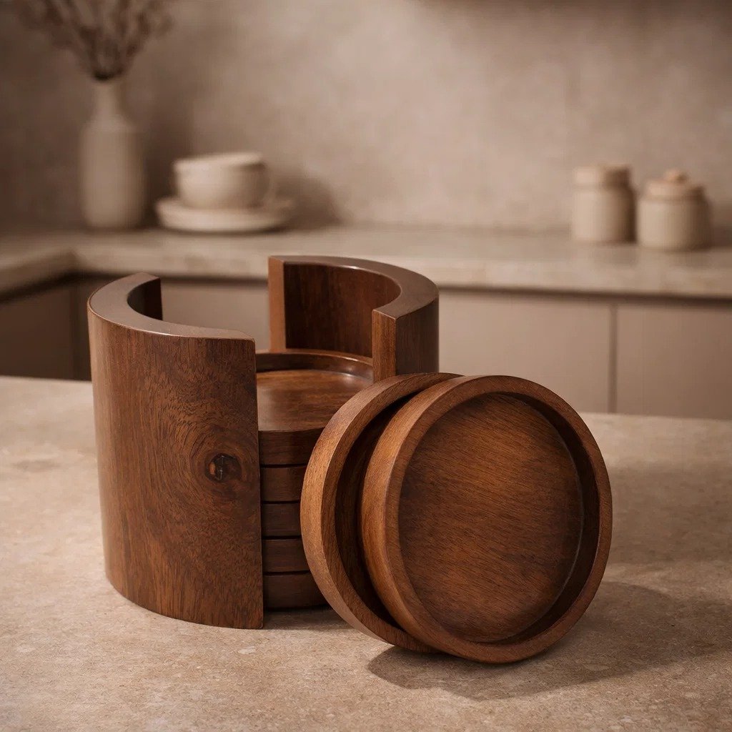 premium wooden coasters set of 6 with holder for home, coffee table & dining table | modern drink cup mats for kitchen décor & protection | made in india premium wooden coasters set of 6 with holder for home, coffee table & dining table | modern drink cup mats for kitchen décor & protection | made in india