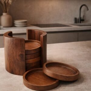 premium wooden coasters set of 6 with holder for home, coffee table & dining table | modern drink cup mats for kitchen décor & protection | made in india