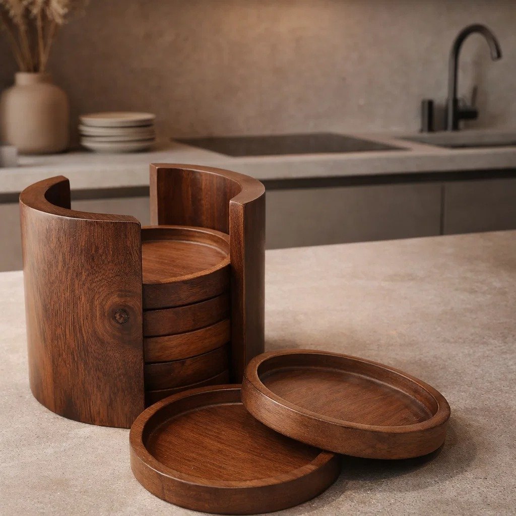 premium wooden coasters set of 6 with holder for home, coffee table & dining table | modern drink cup mats for kitchen décor & protection | made in india premium wooden coasters set of 6 with holder for home, coffee table & dining table | modern drink cup mats for kitchen décor & protection | made in india