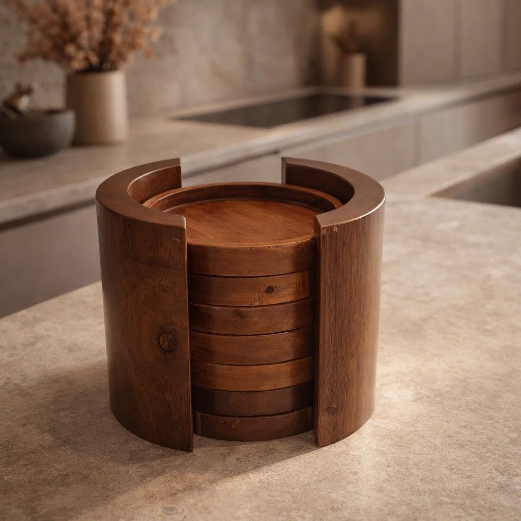 premium wooden coasters set of 6 with holder for home, coffee table & dining table | modern drink cup mats for kitchen décor & protection | made in india premium wooden coasters set of 6 with holder for home, coffee table & dining table | modern drink cup mats for kitchen décor & protection | made in india