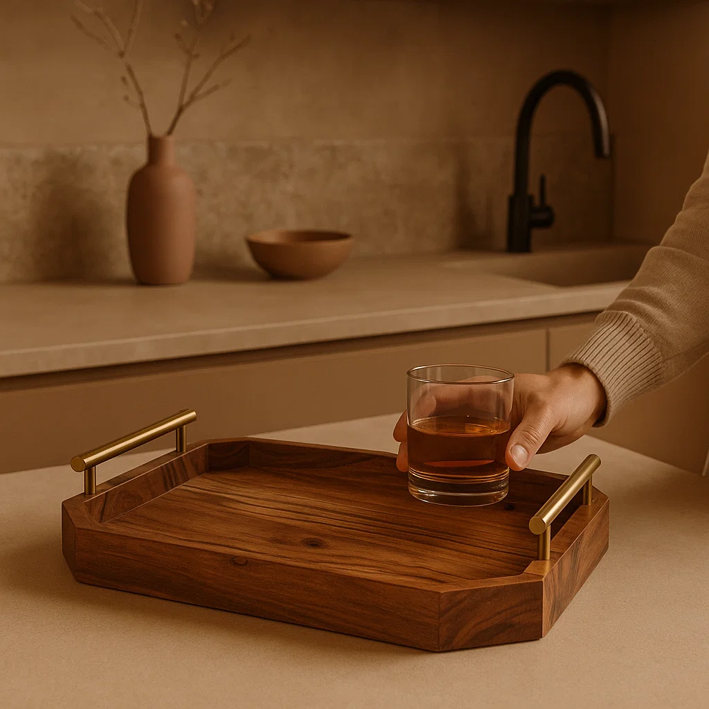 large mango wood octagonal serving tray for home, kitchen, restaurant, office organizer, dining table | premium solid wood tray | made in india